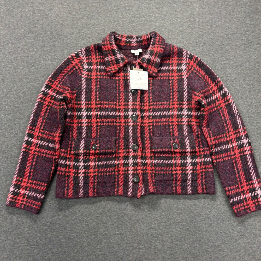 J Jill Jacket Womens S Cropped Plaid Brushed Knit Button Front Wine Multi NEW